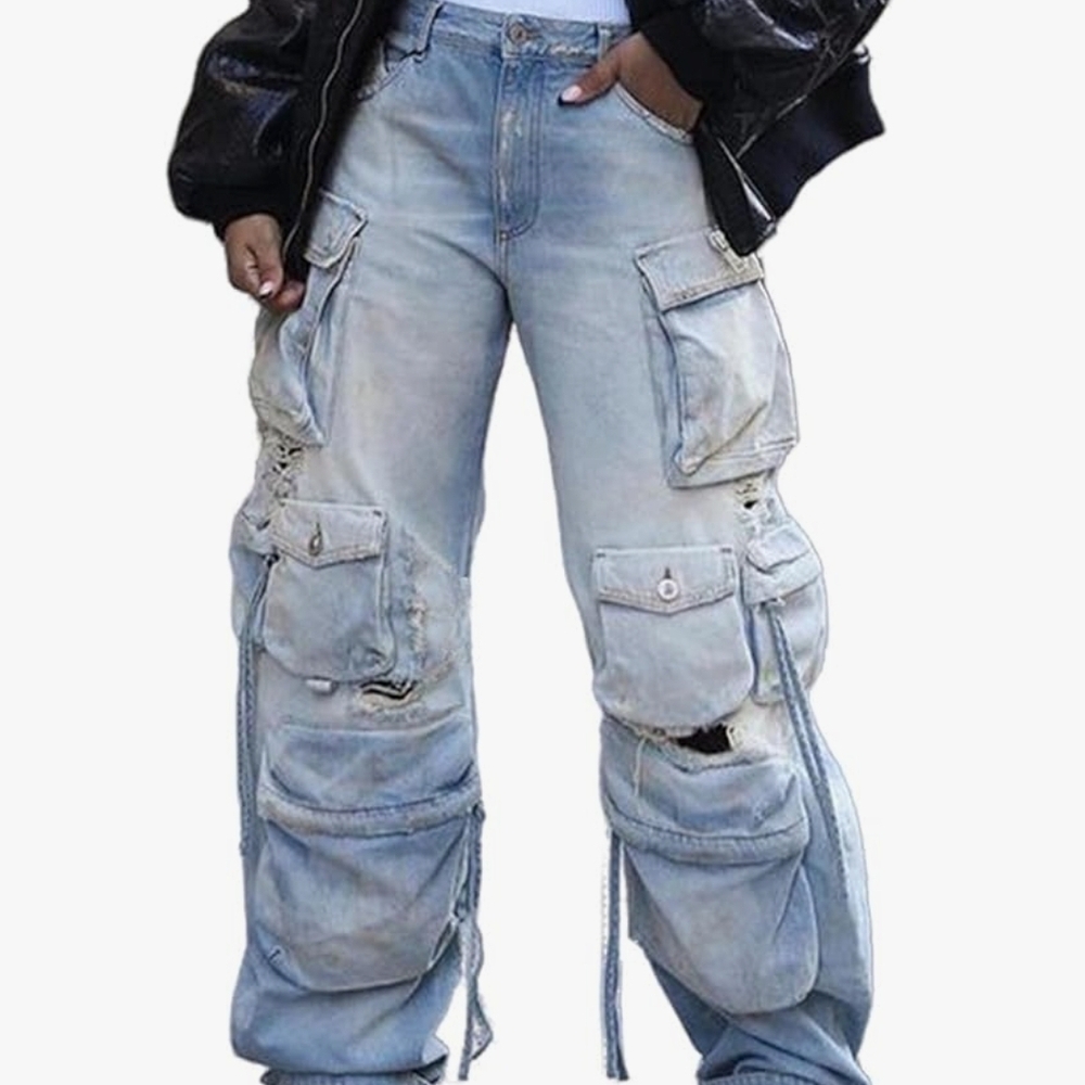 Stylish Light Blue Cargo Wide Leg Jeans